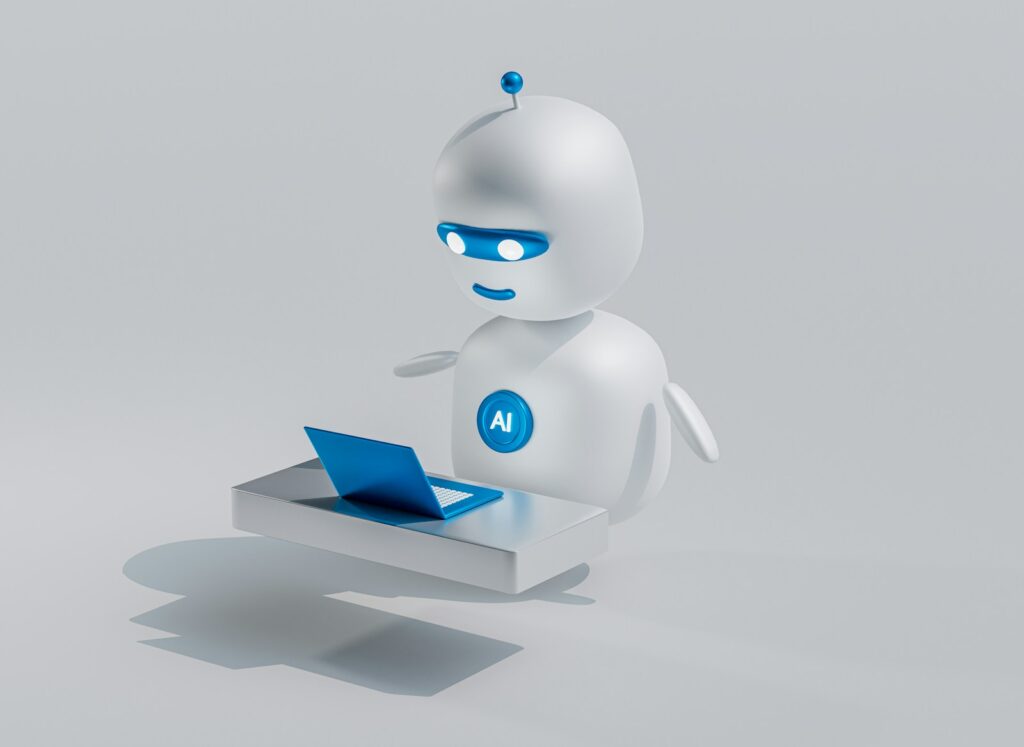 a white robot with blue eyes and a laptop representing digital marketing with AI TOOLS